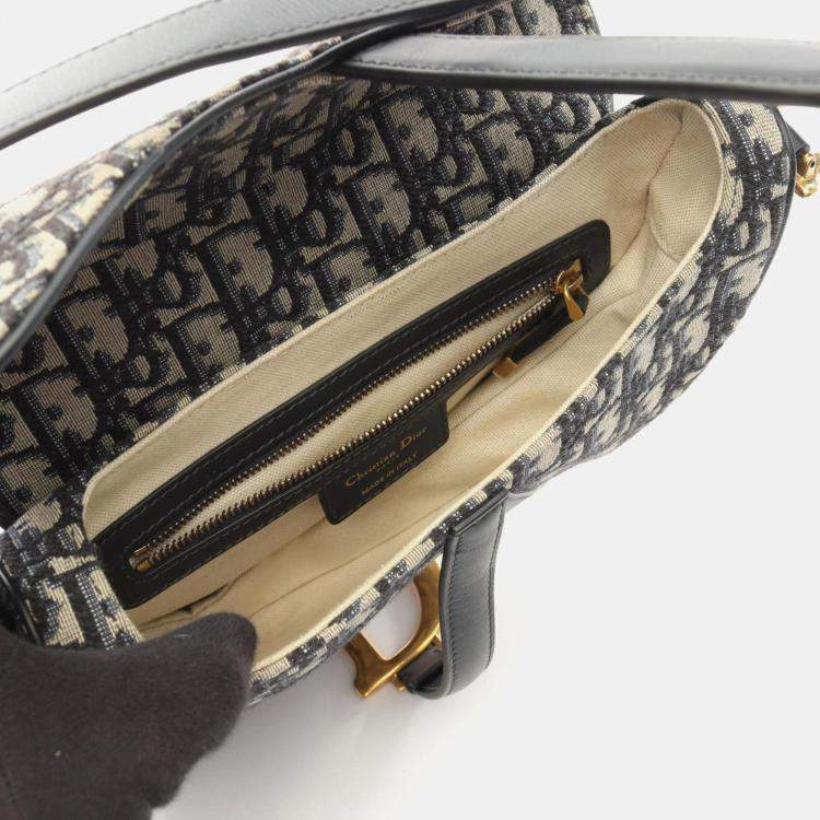 Pre Owned Christian Dior Dior Saddlebag Oblique Jacquard Handbag Canvas And Leather Beige Navy