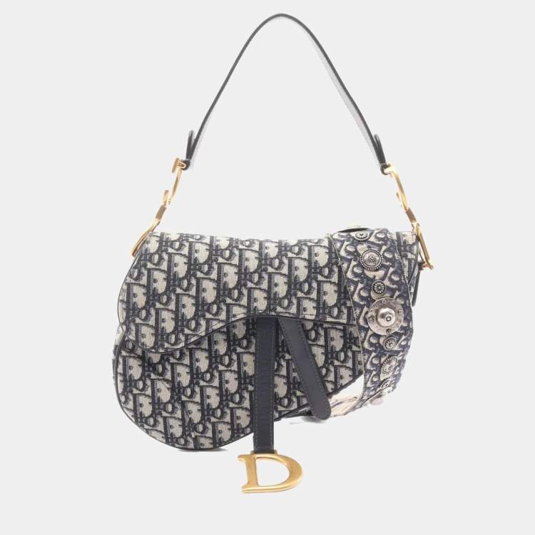 Pre Owned Christian Dior Dior Saddlebag Oblique Jacquard Handbag Canvas And Leather Beige Navy Black