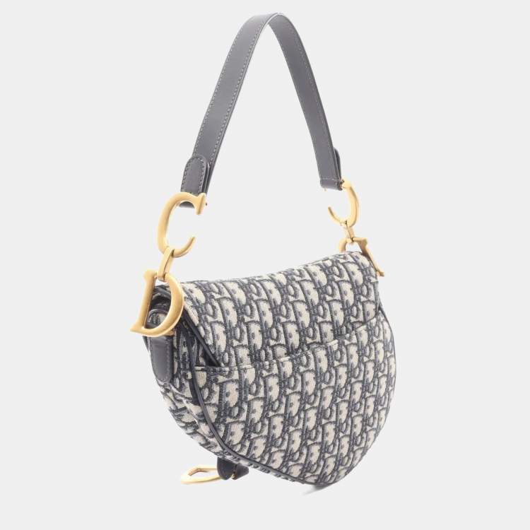 Pre Owned Christian Dior Dior Saddlebag Oblique Jacquard Handbag Canvas And Leather Beige Navy Black