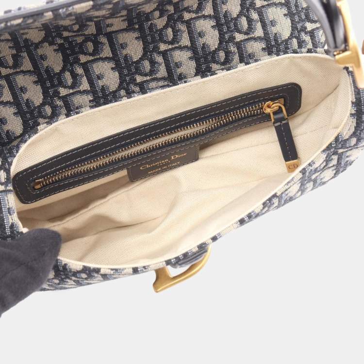 Pre Owned Christian Dior Dior Saddlebag Oblique Jacquard Handbag Canvas And Leather Beige Navy Black