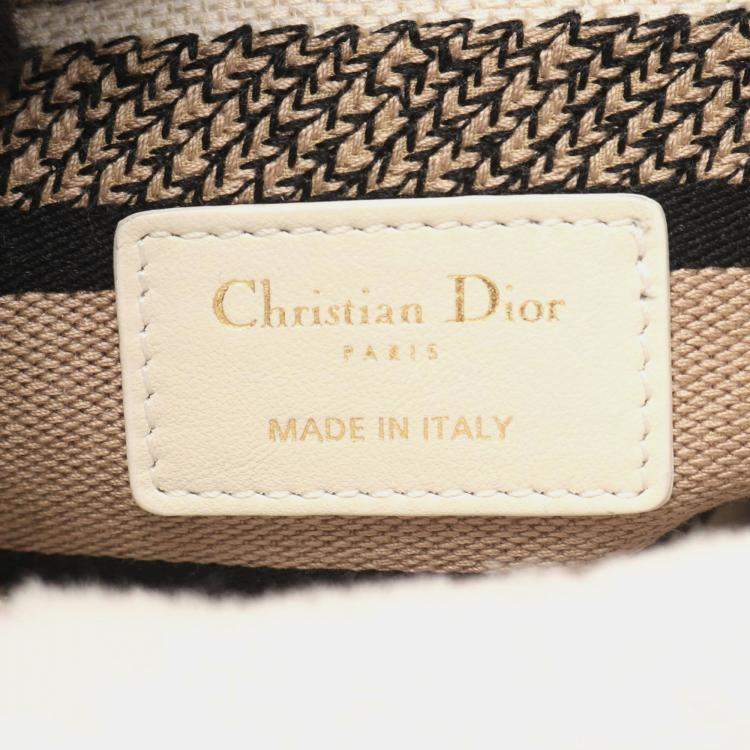 Pre Owned Christian Dior Dior Lady D-Lite Medium Handbag Canvas And Shearling White Beige Black