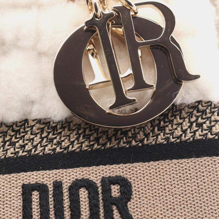 Pre Owned Christian Dior Dior Lady D-Lite Medium Handbag Canvas And Shearling White Beige Black