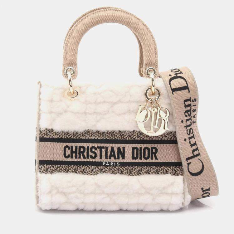 Pre Owned Christian Dior Dior Lady D-Lite Medium Handbag Canvas And Shearling White Beige Black