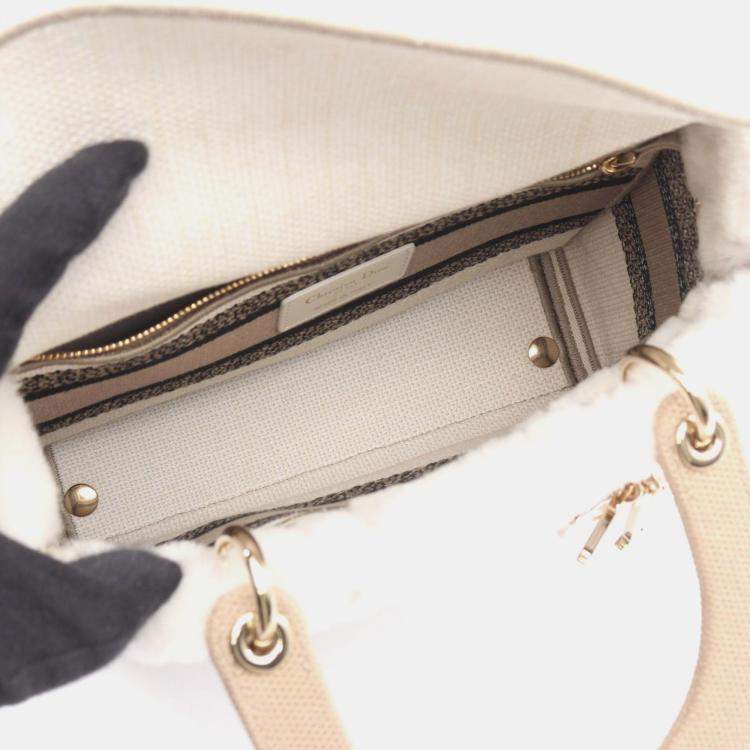 Pre Owned Christian Dior Dior Lady D-Lite Medium Handbag Canvas And Shearling White Beige Black