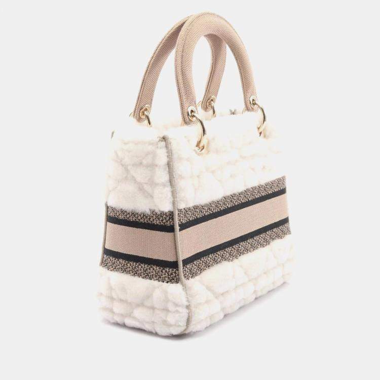 Pre Owned Christian Dior Dior Lady D-Lite Medium Handbag Canvas And Shearling White Beige Black
