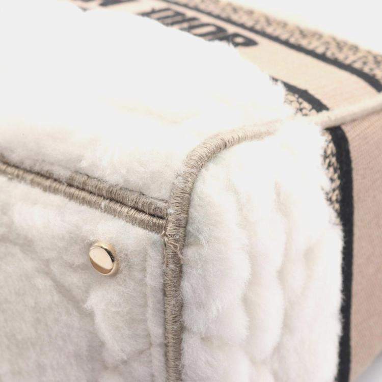 Pre Owned Christian Dior Dior Lady D-Lite Medium Handbag Canvas And Shearling White Beige Black
