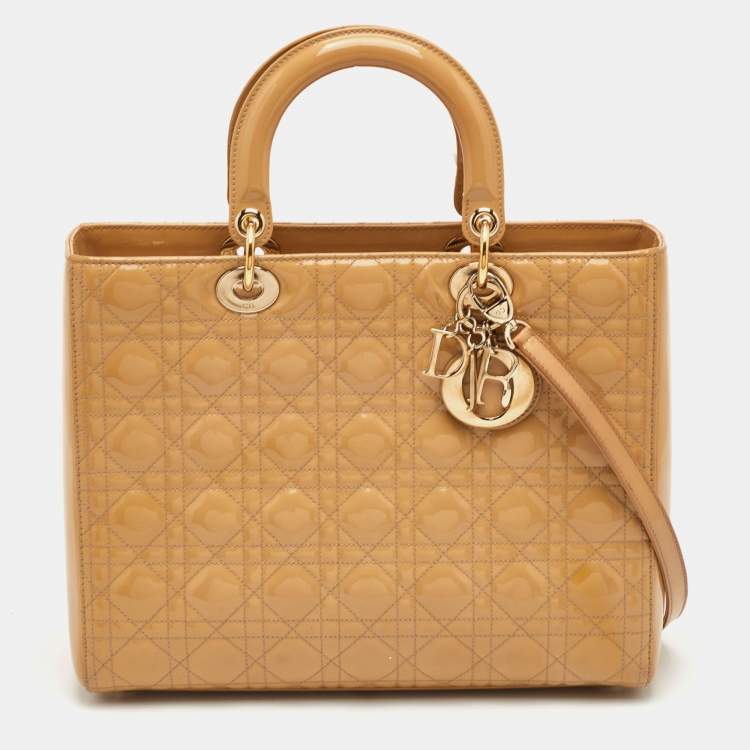Pre Owned Dior Lady Dior Large Beige Cannage Patent Leather Tote