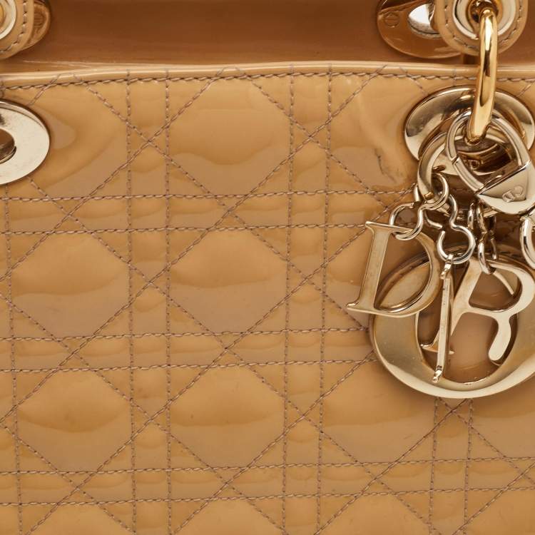 Pre Owned Dior Lady Dior Large Beige Cannage Patent Leather Tote