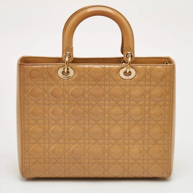 Pre Owned Dior Lady Dior Large Beige Cannage Patent Leather Tote