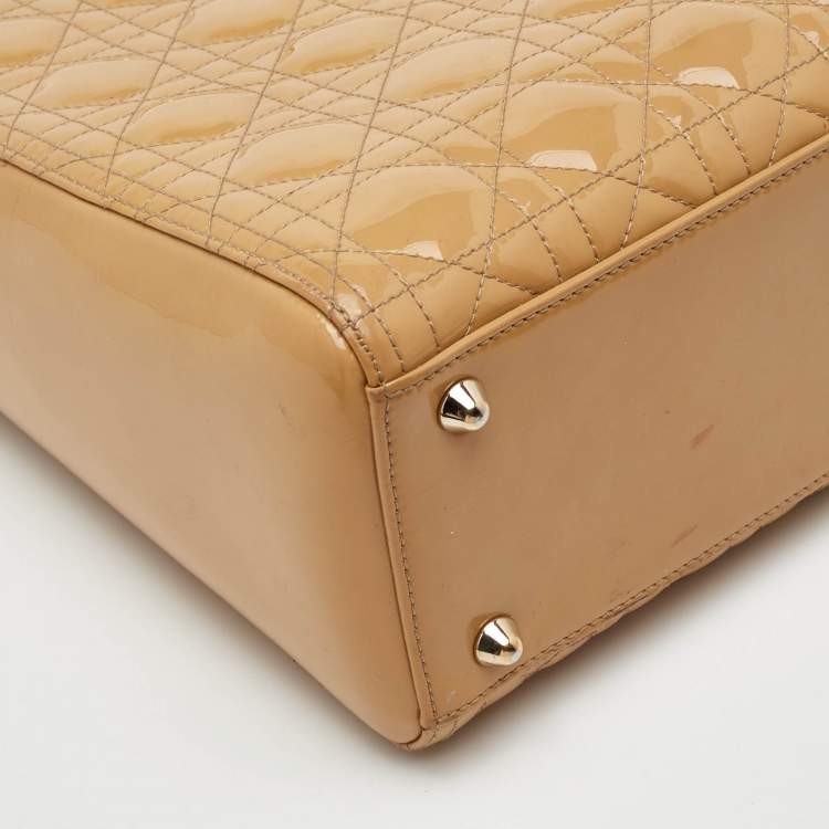 Pre Owned Dior Lady Dior Large Beige Cannage Patent Leather Tote