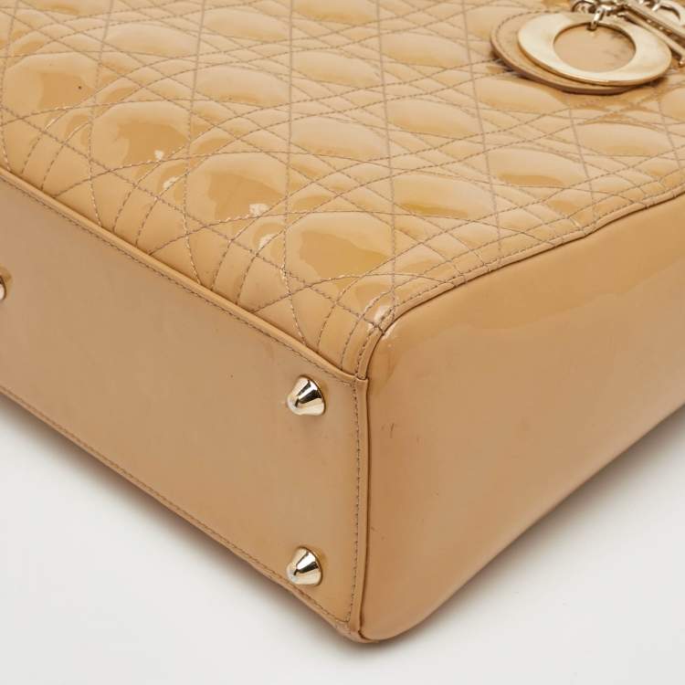 Pre Owned Dior Lady Dior Large Beige Cannage Patent Leather Tote