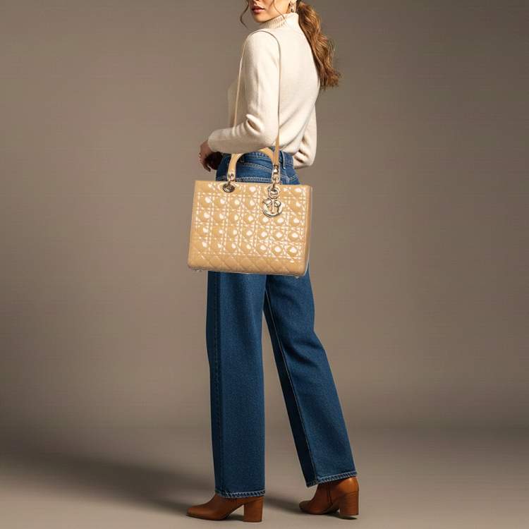 Pre Owned Dior Lady Dior Large Beige Cannage Patent Leather Tote
