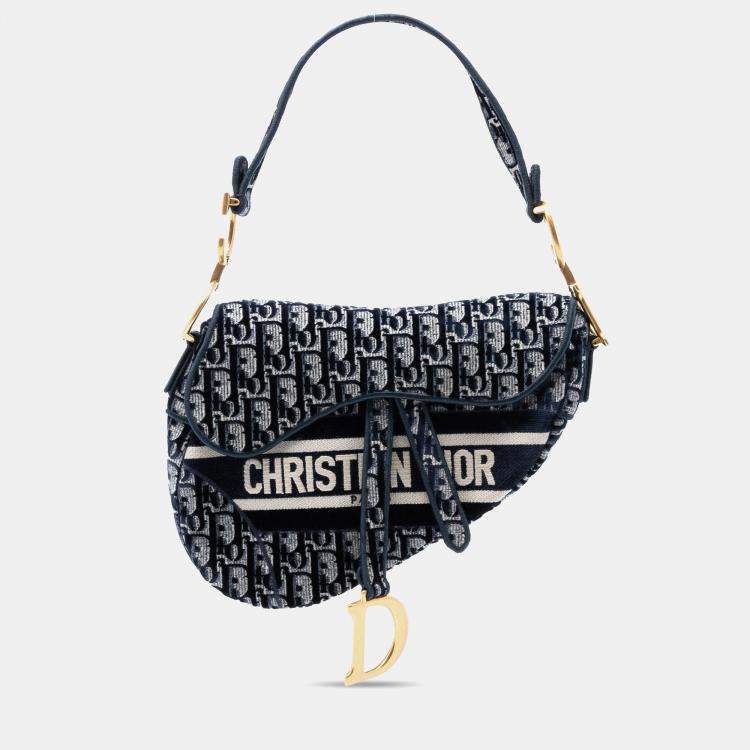 Pre Owned Dior Blue Oblique Embroidered Canvas Saddle Bag