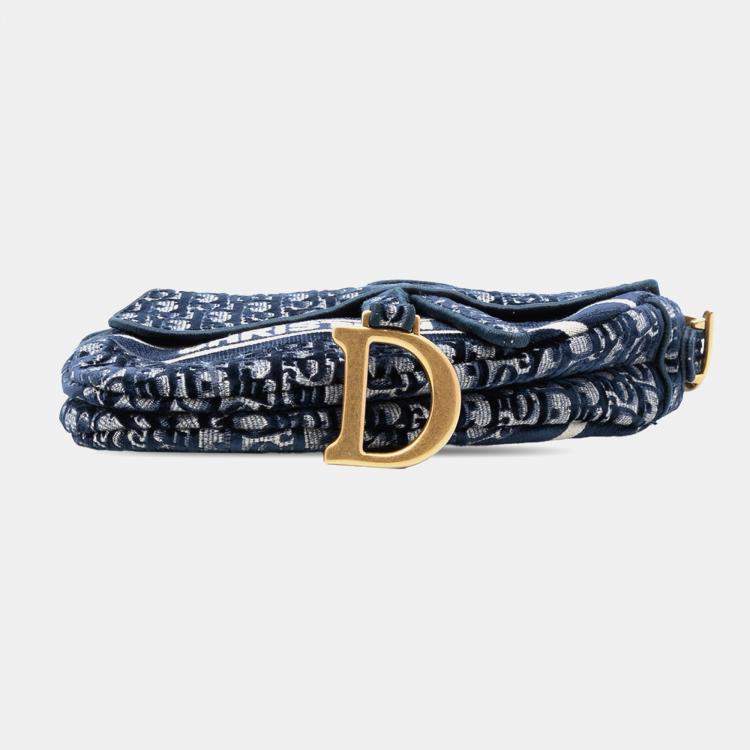 Pre Owned Dior Blue Oblique Embroidered Canvas Saddle Bag
