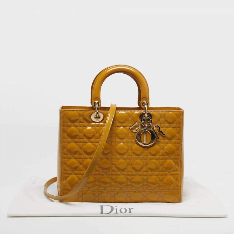 Pre Owned Dior Lady Dior Large Yellow Cannage Patent Leather Tote