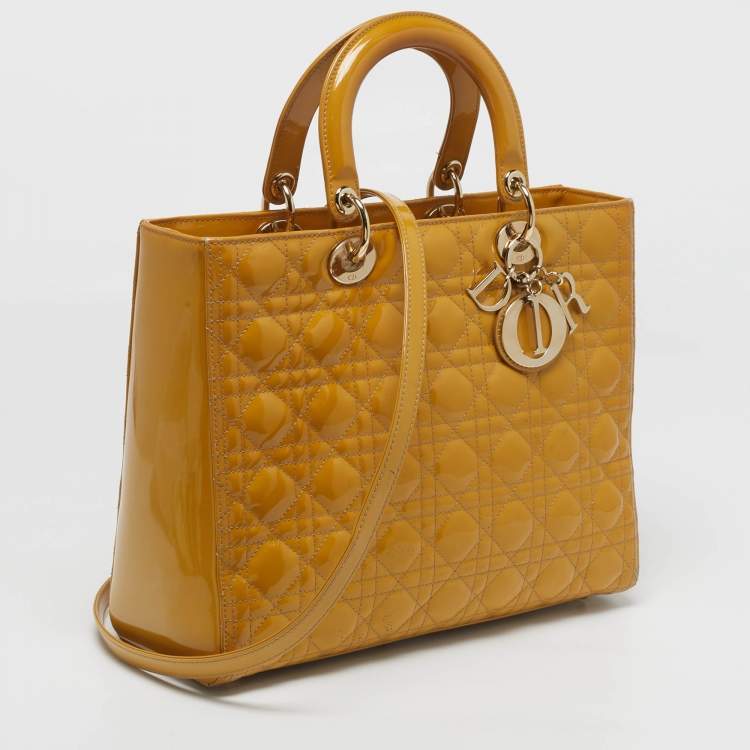Pre Owned Dior Lady Dior Large Yellow Cannage Patent Leather Tote