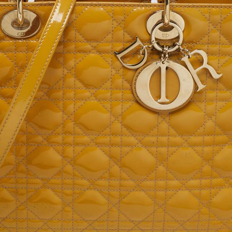 Pre Owned Dior Lady Dior Large Yellow Cannage Patent Leather Tote