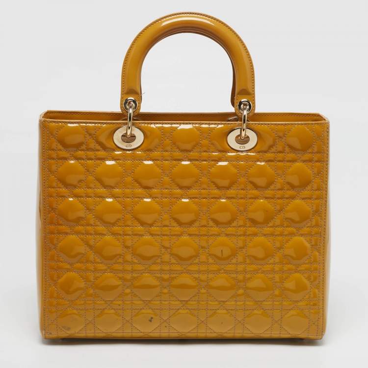 Pre Owned Dior Lady Dior Large Yellow Cannage Patent Leather Tote