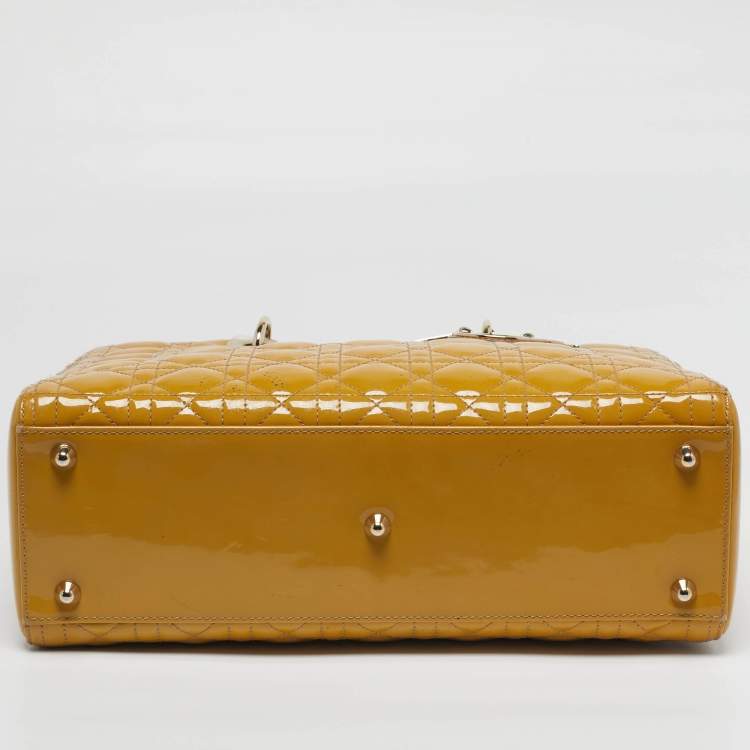 Pre Owned Dior Lady Dior Large Yellow Cannage Patent Leather Tote