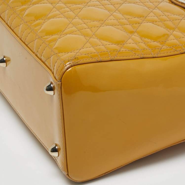 Pre Owned Dior Lady Dior Large Yellow Cannage Patent Leather Tote