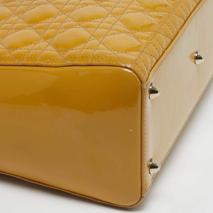 Pre Owned Dior Lady Dior Large Yellow Cannage Patent Leather Tote