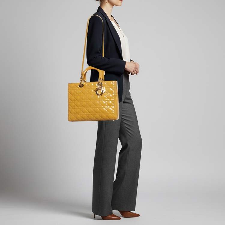 Pre Owned Dior Lady Dior Large Yellow Cannage Patent Leather Tote