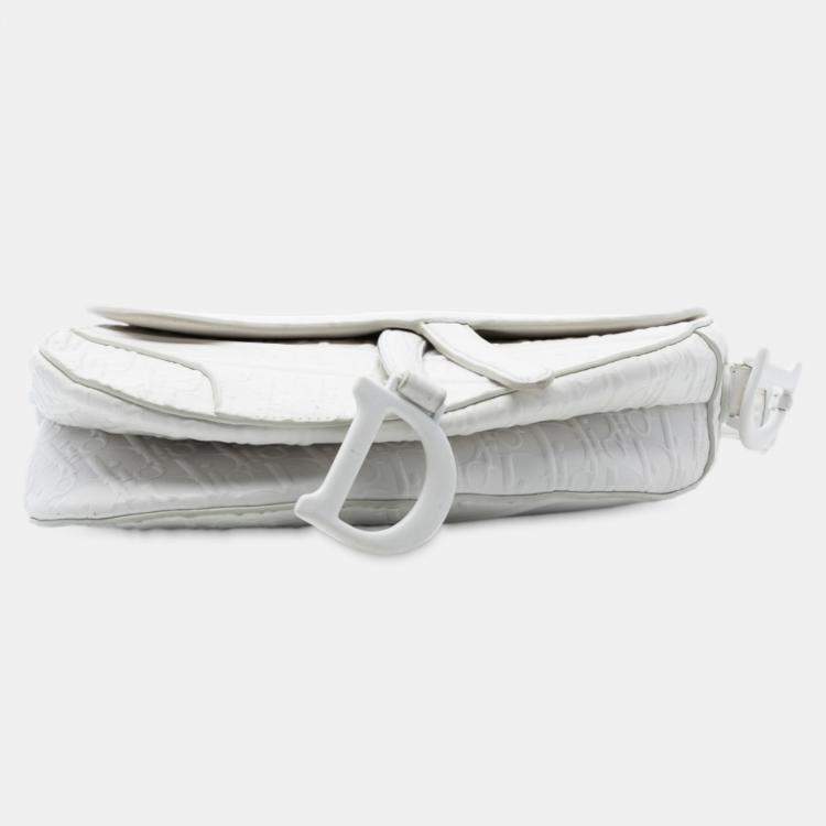 Pre Owned Dior White Oblique Embossed Calfskin Saddle Bag