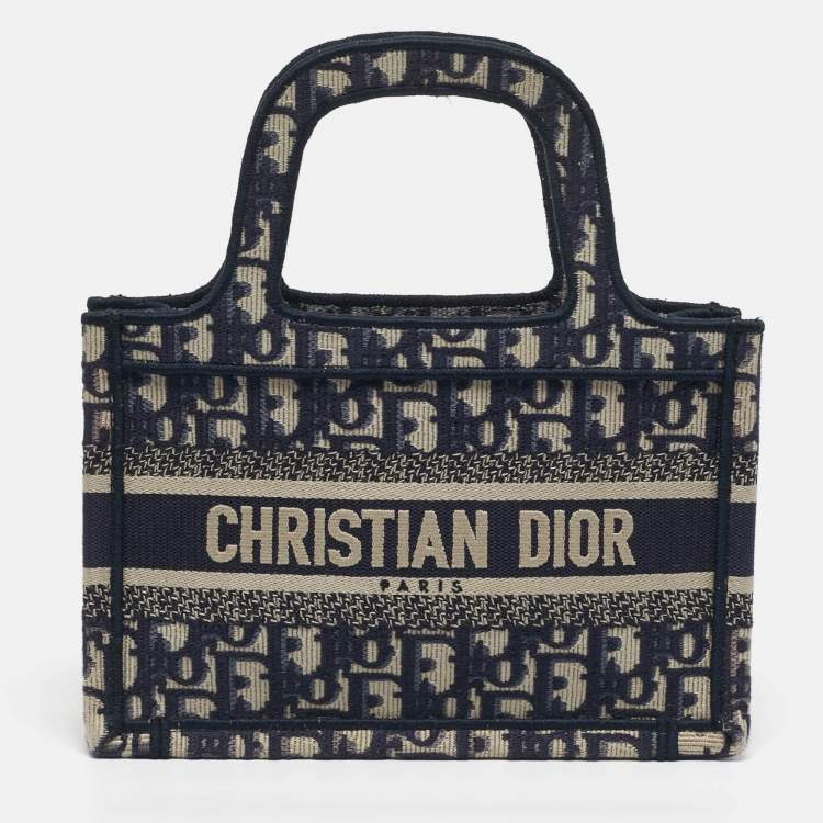 Pre Owned Dior Book Mini Navy Blue Oblique Canvas Tote