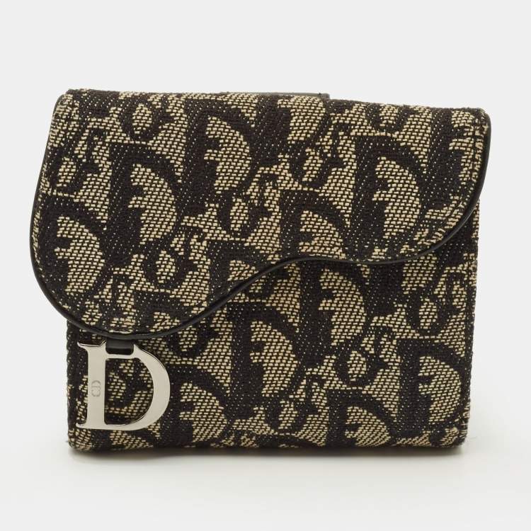 Pre Owned Dior Saddle Black Oblique Canvas and Leather French Wallet