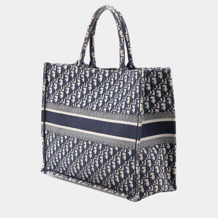 Pre Owned Dior Blue Large Oblique Embroidered Canvas Book Tote