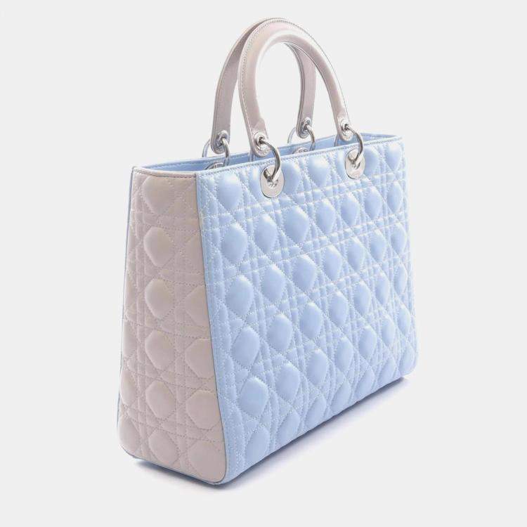 Pre Owned Christian Dior Dior Lady Large Cannage Handbag Leather Blue And Gray