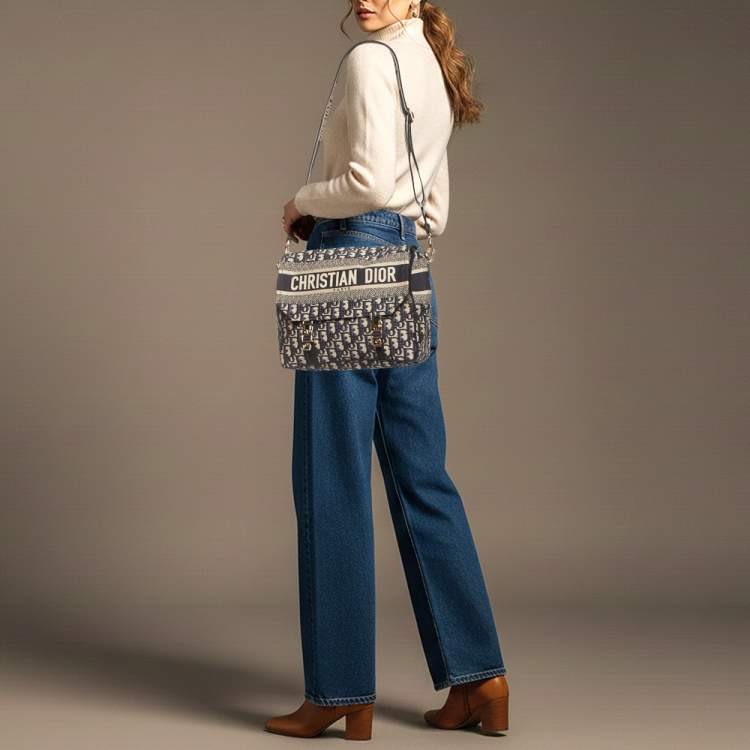 Pre Owned Dior Diorcamp Navy Blue Embroidered Canvas Messenger Bag