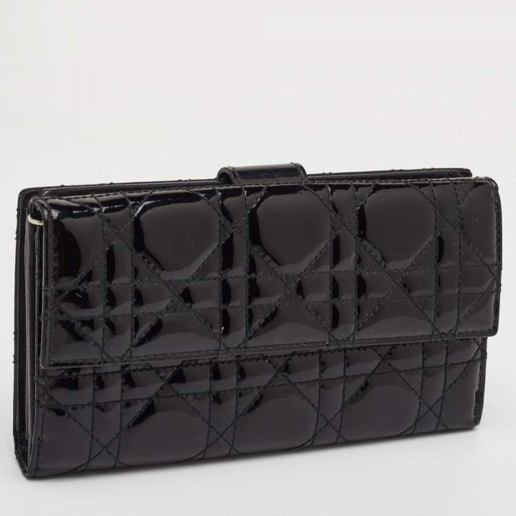 Pre Owned Dior Lady Dior Black Cannage Patent Leather Long Continental Wallet