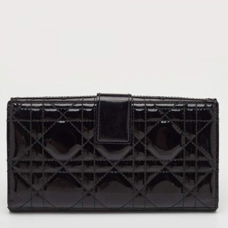 Pre Owned Dior Lady Dior Black Cannage Patent Leather Long Continental Wallet