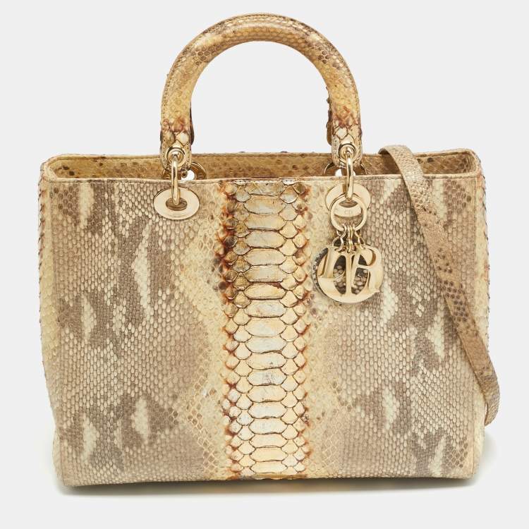 Pre Owned Dior Lady Dior Large Beige/Gold Python Tote