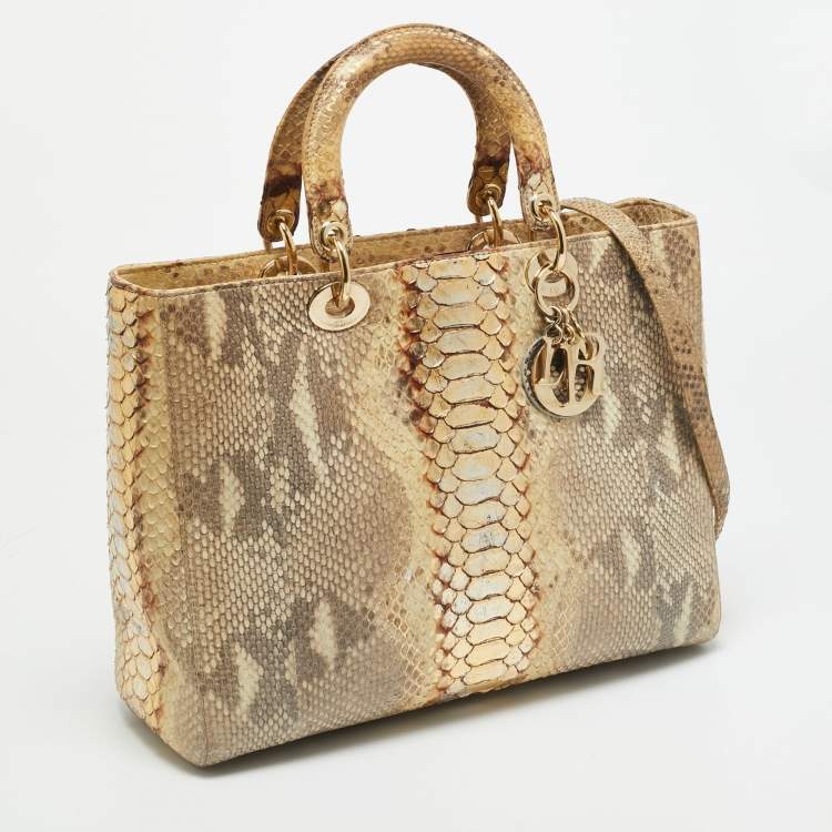 Pre Owned Dior Lady Dior Large Beige/Gold Python Tote