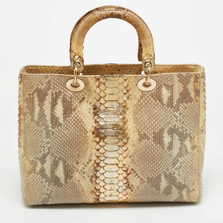 Pre Owned Dior Lady Dior Large Beige/Gold Python Tote