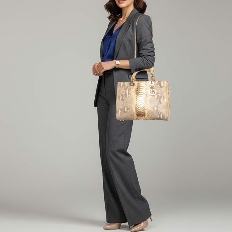 Pre Owned Dior Lady Dior Large Beige/Gold Python Tote