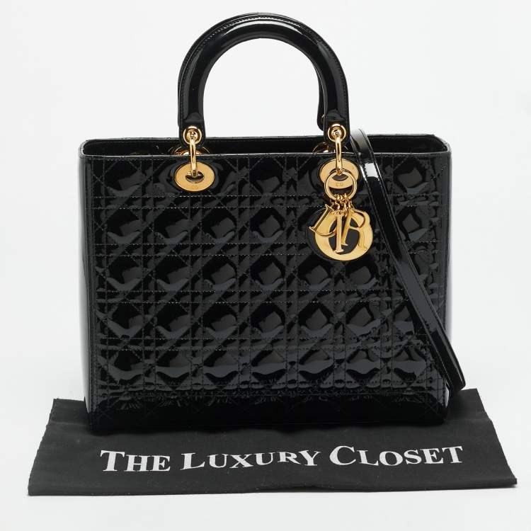 Pre Owned Dior Lady Dior Large Black Cannage Patent Leather Tote