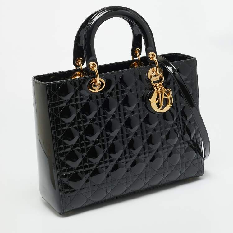 Pre Owned Dior Lady Dior Large Black Cannage Patent Leather Tote