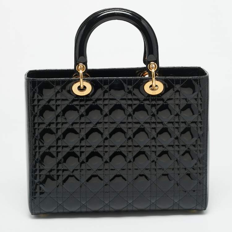 Pre Owned Dior Lady Dior Large Black Cannage Patent Leather Tote