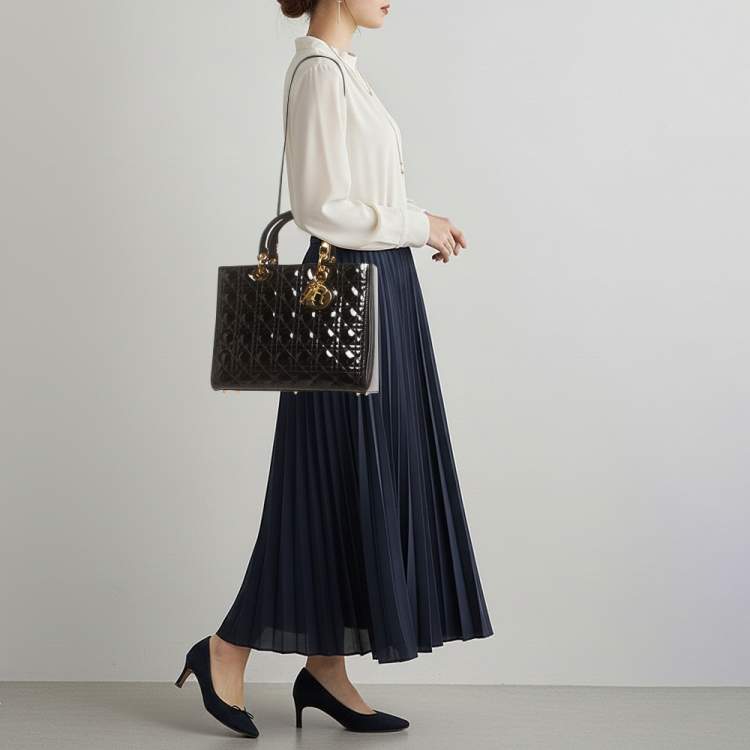 Pre Owned Dior Lady Dior Large Black Cannage Patent Leather Tote