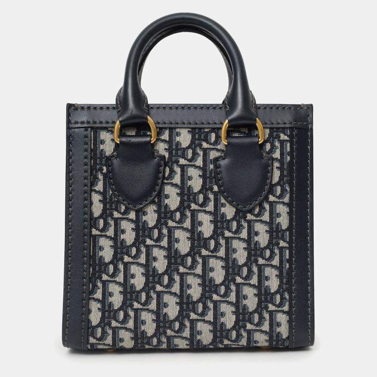 Pre Owned Christian Dior Navy Canvas/Leather Oblique Mini Tote Bag With Strap