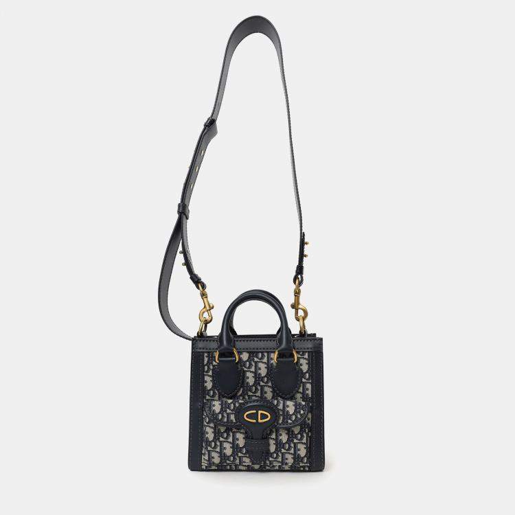 Pre Owned Christian Dior Navy Canvas/Leather Oblique Mini Tote Bag With Strap