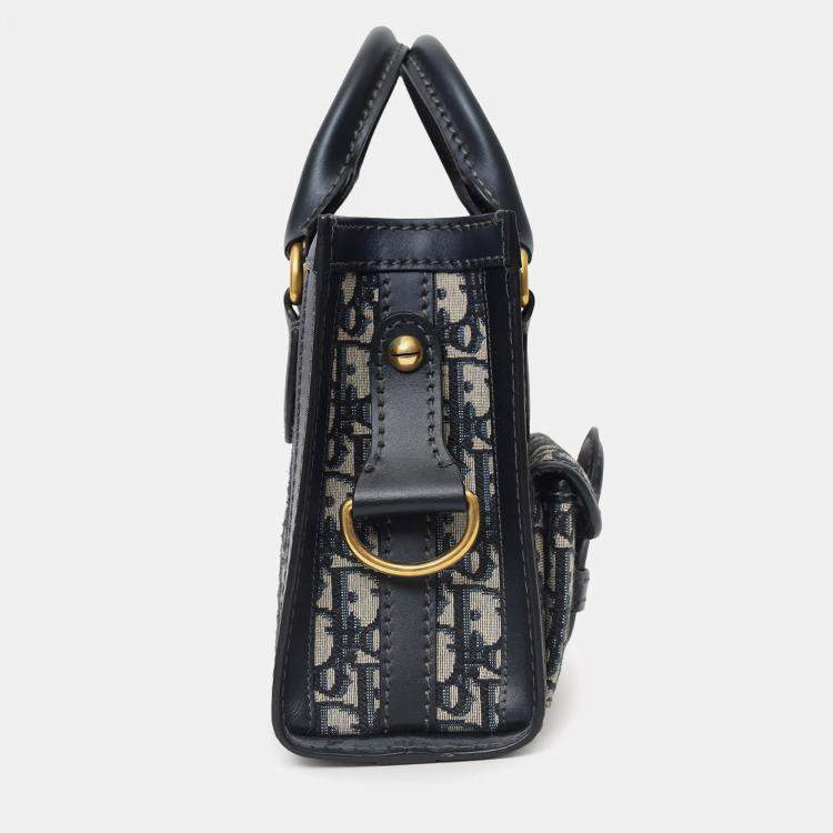 Pre Owned Christian Dior Navy Canvas/Leather Oblique Mini Tote Bag With Strap