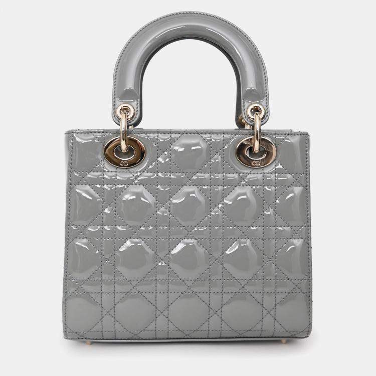 Pre Owned Christian Dior 2021 Grey Patent Leather Small Lady Dior Top Handle With Strap