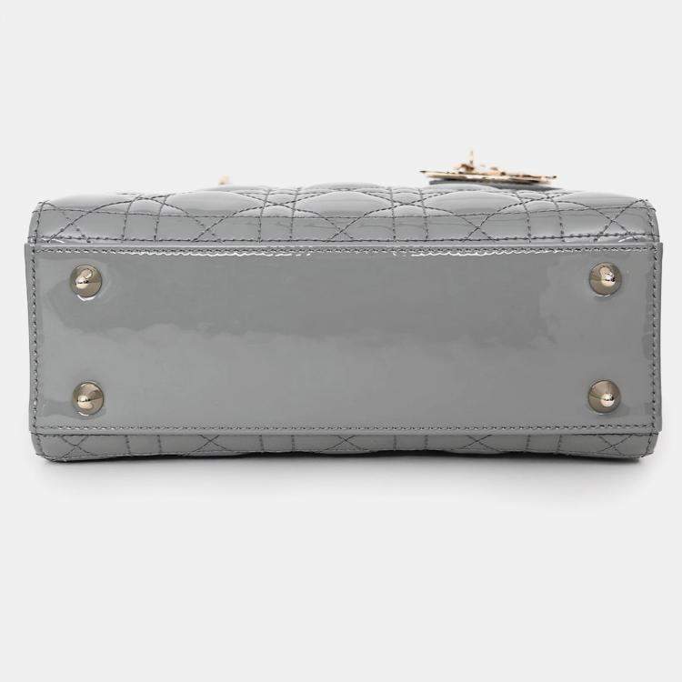 Pre Owned Christian Dior 2021 Grey Patent Leather Small Lady Dior Top Handle With Strap