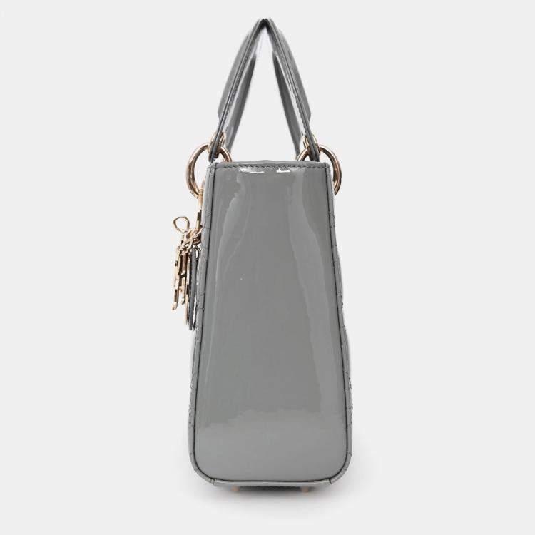 Pre Owned Christian Dior 2021 Grey Patent Leather Small Lady Dior Top Handle With Strap