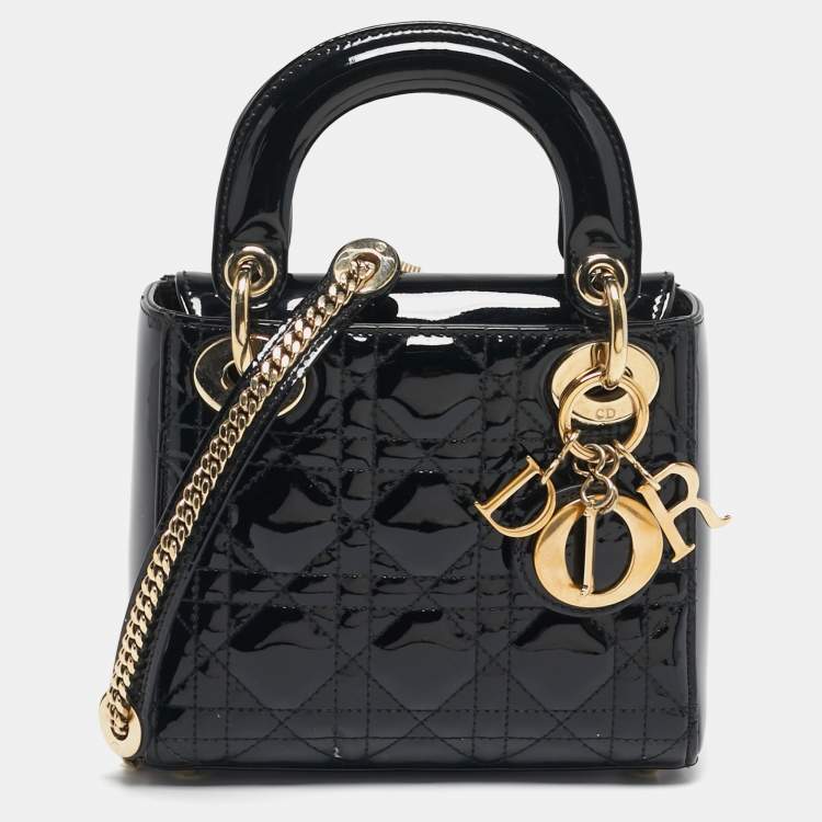 Pre Owned Dior Lady Dior Mini Black Cannage Patent Leather Tote