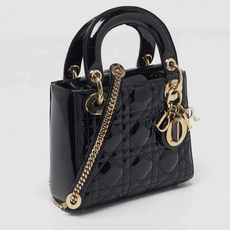 Pre Owned Dior Lady Dior Mini Black Cannage Patent Leather Tote